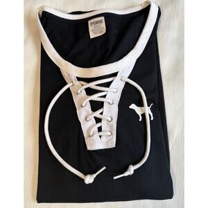 Victoria Secret PINK Women Shirt Black White Campus Lace UpTee Medium